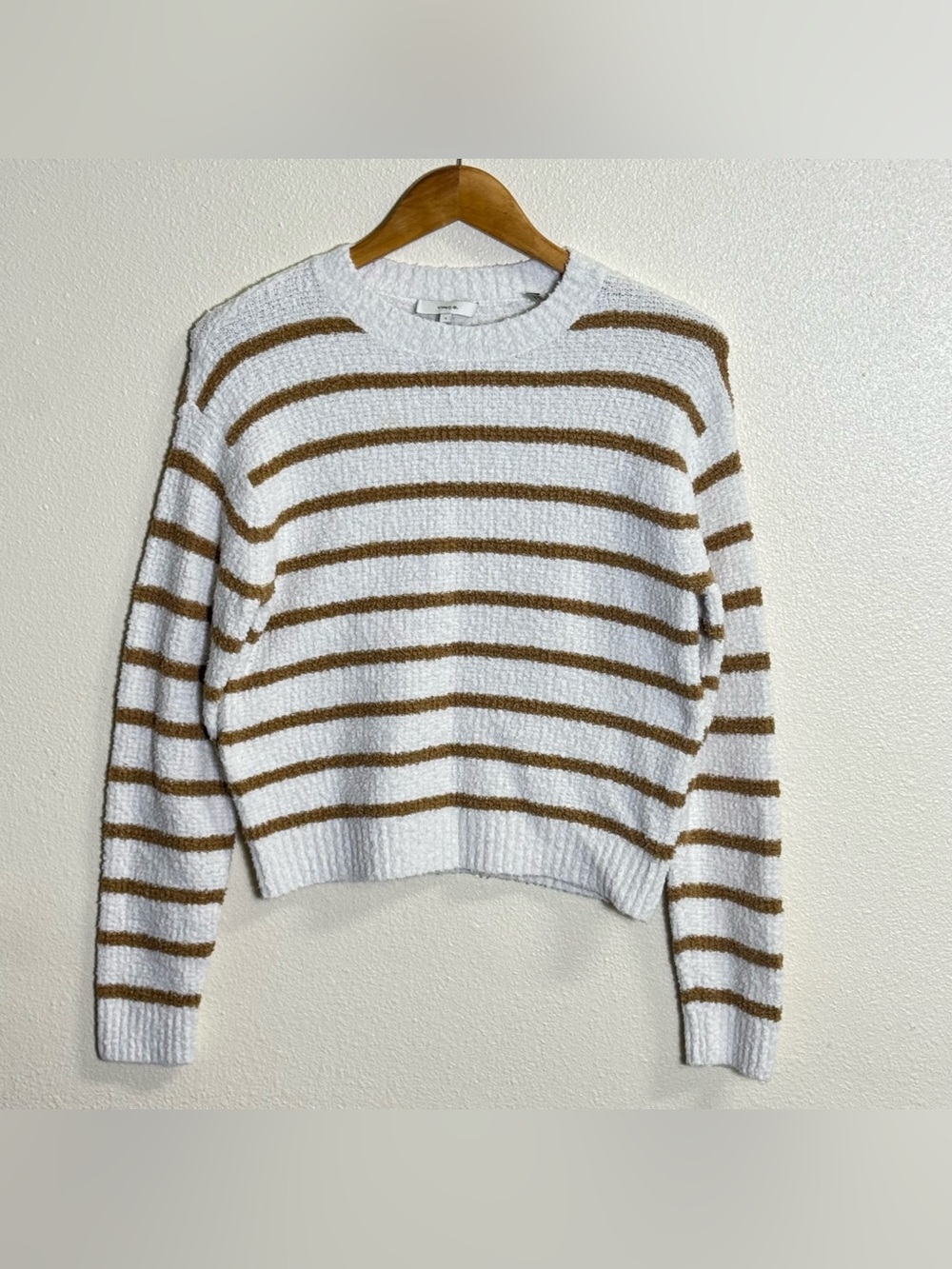 Vince Striped Waffle Stitch Crew Sweater Optic White Dune S